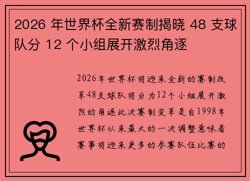 2026 年世界杯全新赛制揭晓 48 支球队分 12 个小组展开激烈角逐