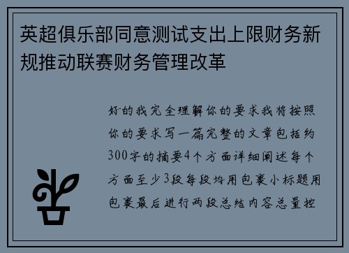英超俱乐部同意测试支出上限财务新规推动联赛财务管理改革 英超俱乐部同意测试支出上限财务新规推动联赛财务管理改革