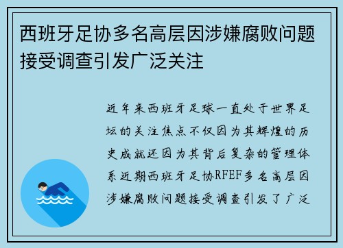 西班牙足协多名高层因涉嫌腐败问题接受调查引发广泛关注 西班牙足协多名高层因涉嫌腐败问题接受调查引发广泛关注